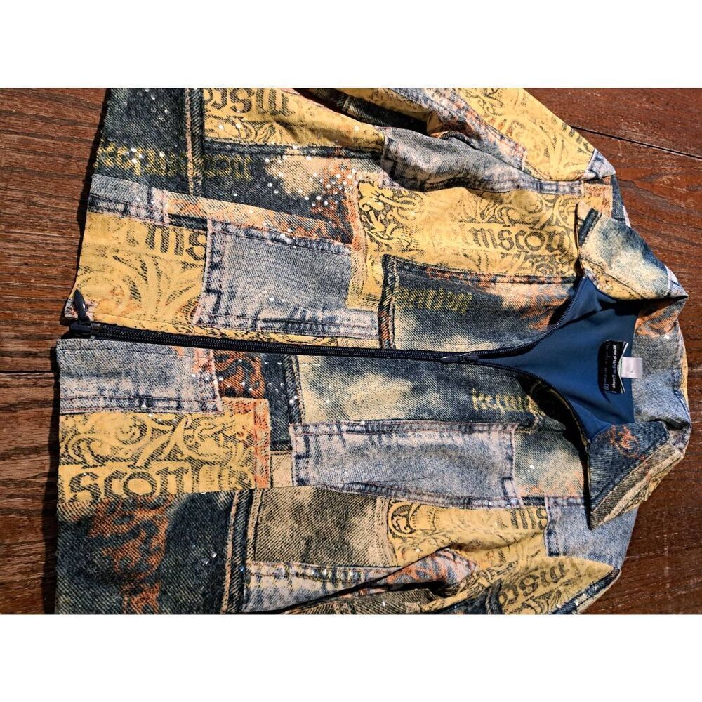 Size 8 Joseph Ribkoff Long Sleeve Zip Faux Denim Shirt Jacket Blue Yellow Orange - Picture 2 of 8